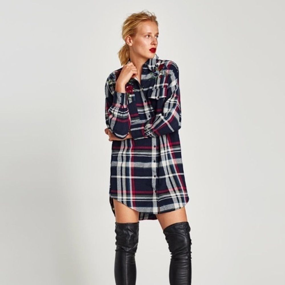 Zara basic embellished flannel shirt dress Sz Xs casual 98% cotton oversized